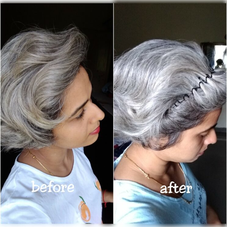 before and after picture of purple shampoo on grey hair