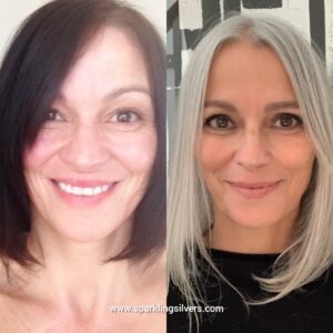 Sarah's gray grey silver hair transition story www.sparklingsilvers.com
