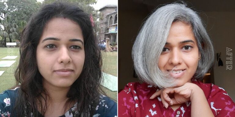 indian woman grey hair before and after picture