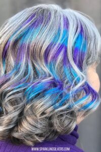 gray hair with blue and purple hair dye
