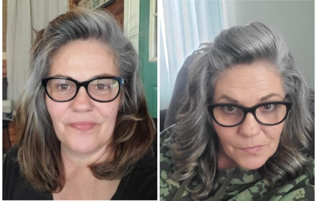 Before and after of Colorista Hair Spray Silver on gray hair