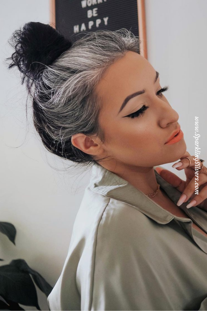 Grey hair messy bun