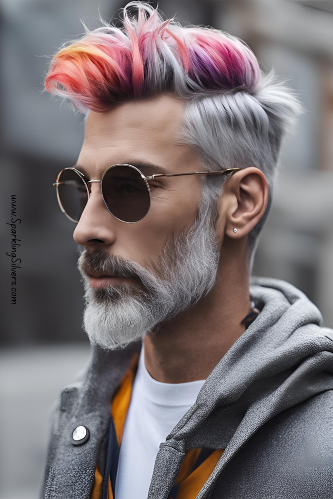 a man with fun colours on grey hair