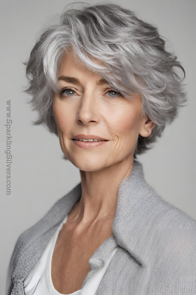 Image of a woman with gray choppy pixie haircut
