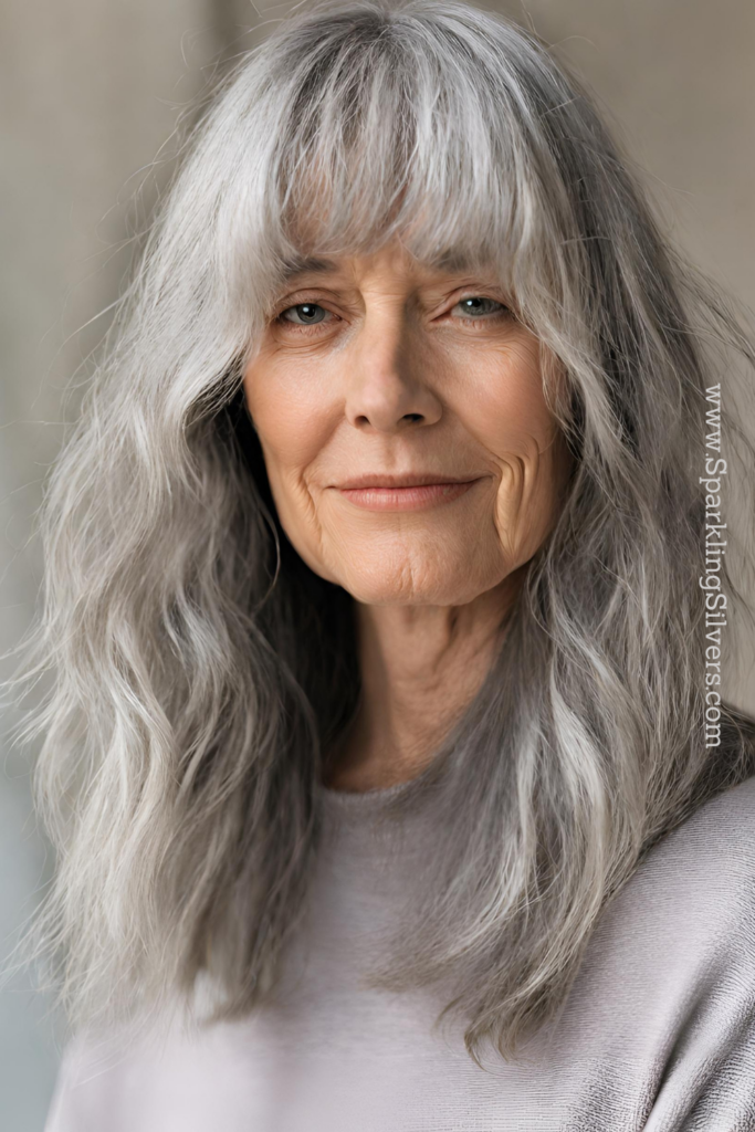 Image of a woman with long gray hair and bangs