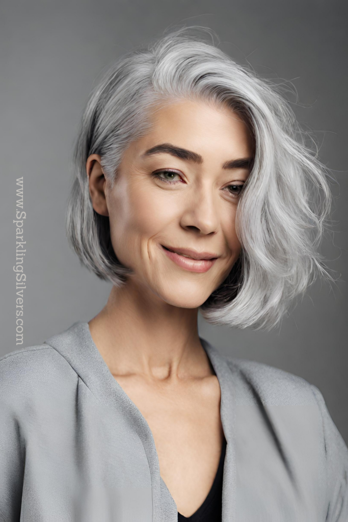 Image of a woman with side swept bob gray hairstyle