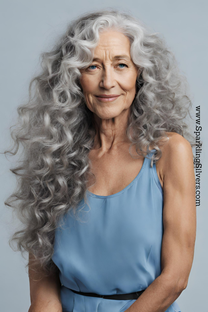 Image of a woman with long gray hair and a blue dress