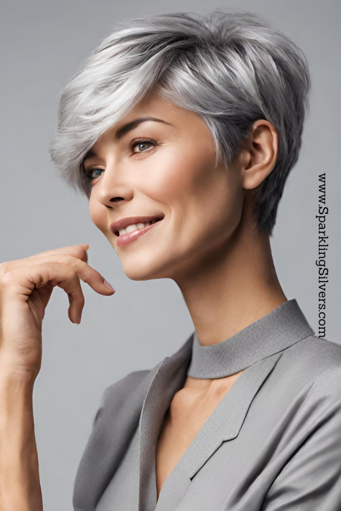 Image of a young woman with a short gray hair pixie cut