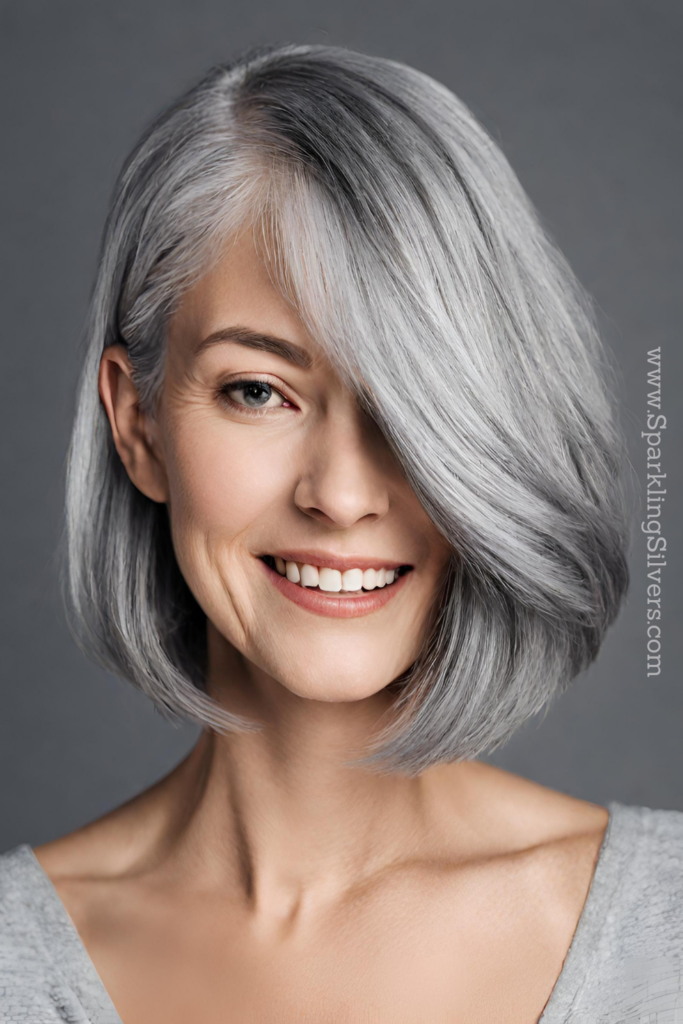 Image of a young woman with gray hair and bob haircut with side bangs