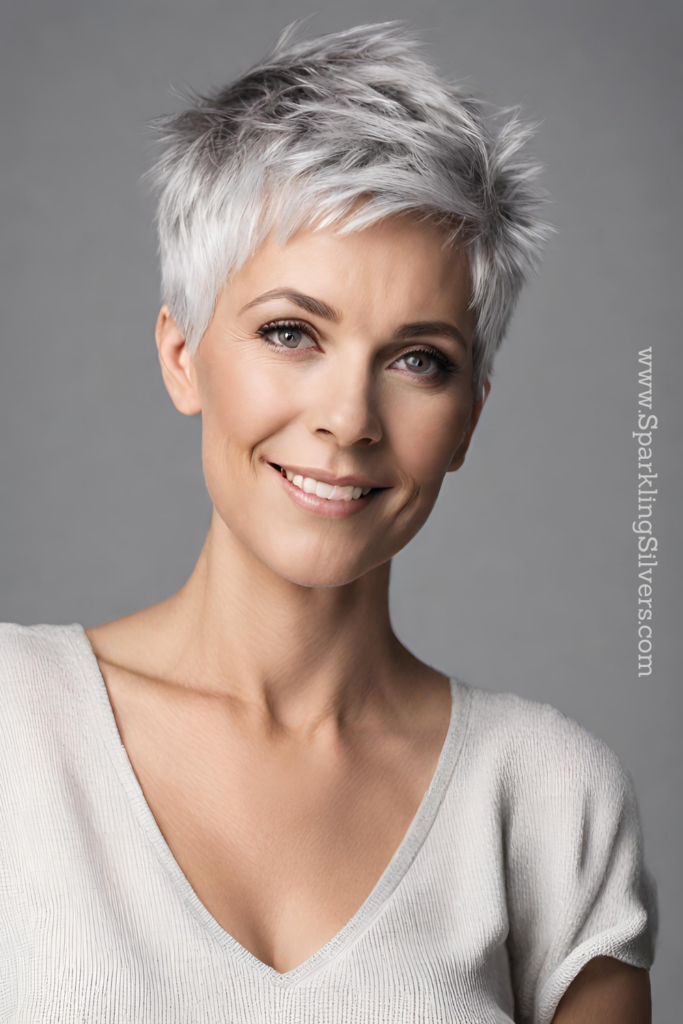 Image of a woman with gray pixie haircut