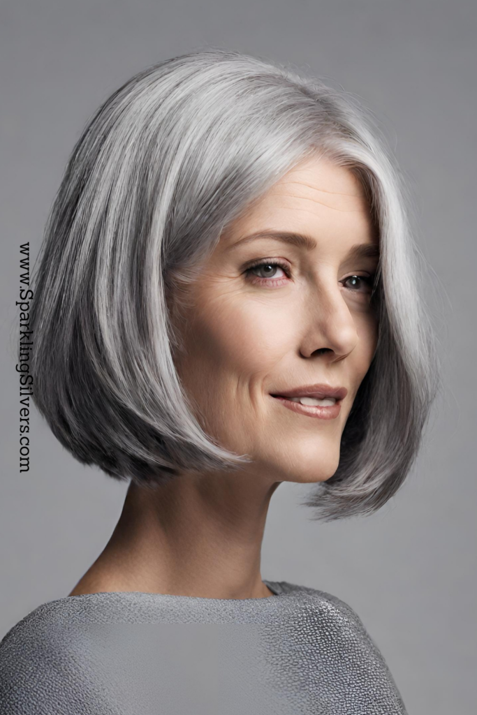 Image of a woman with gray hair and classic bob haircut center parted