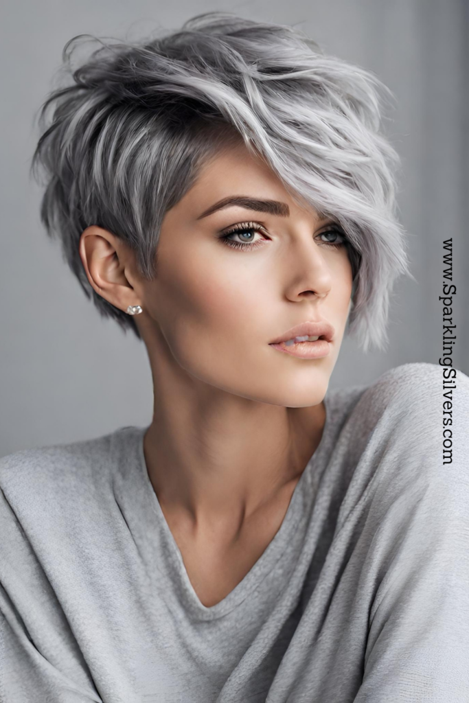 Image of a woman with gray hair and pixie cut with side swept bangs