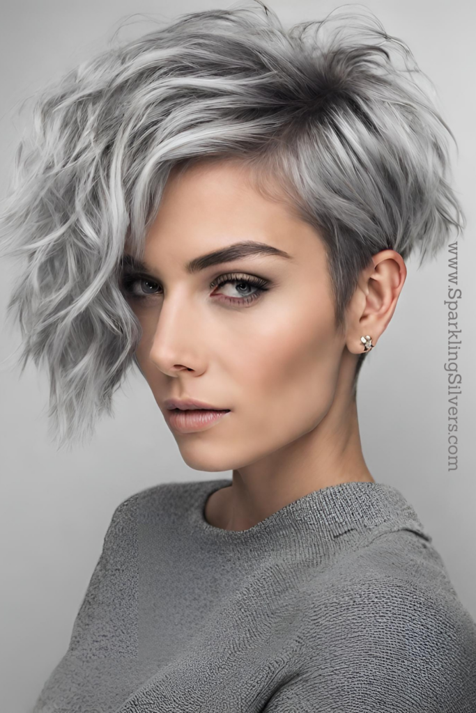 Image of a woman with gray hair and asymmetrical pixie hairstyle