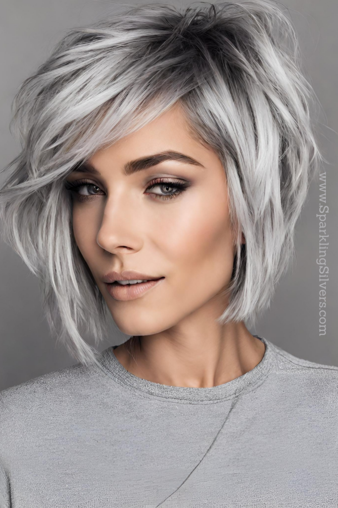 Image of a young woman with gray hair and textured bob haircut