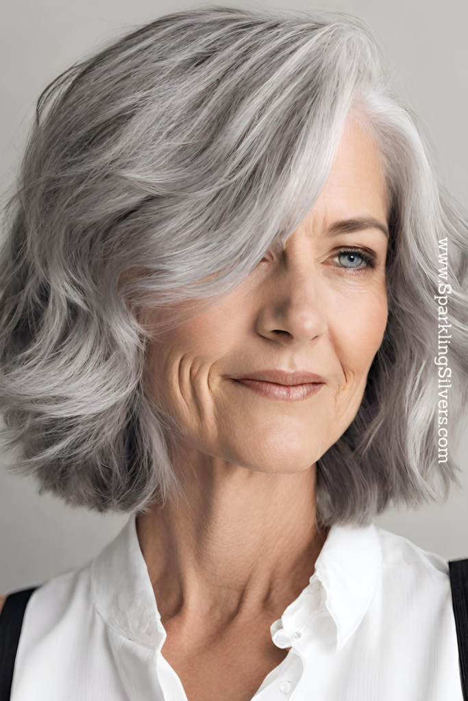 Image of a woman with wavy bob grey haircut