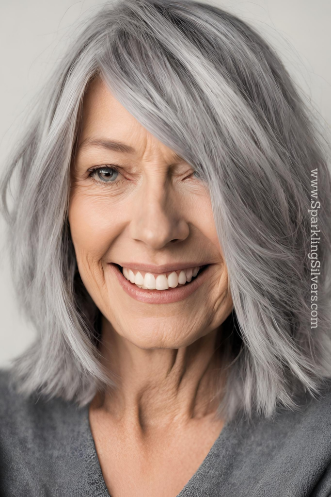 Image of a old woman with gray hair and medium length layered haircut