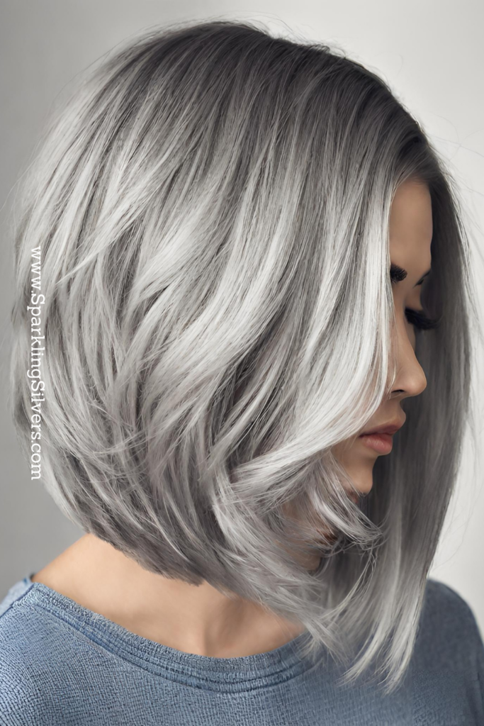Image of a woman with gray hair and angled bob haircut