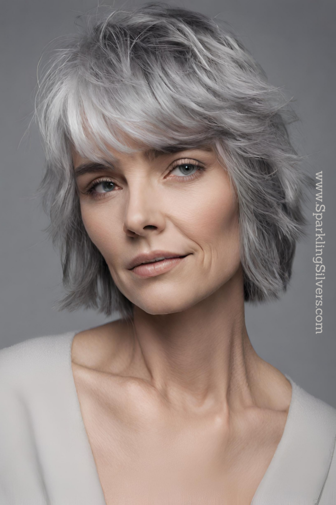 Image of a woman with grey hair and layered bob haircut with bangs