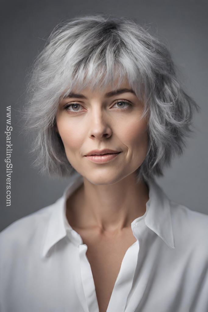 Image of a woman with grey hair and short shag haircut