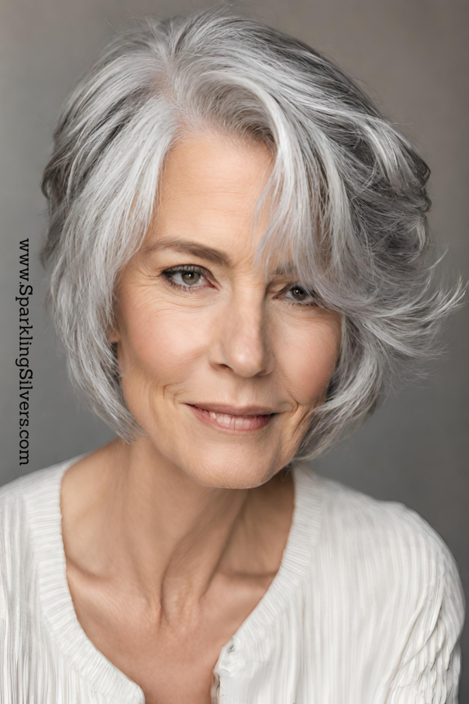 Image of a woman with gray hair and short layered  haircut