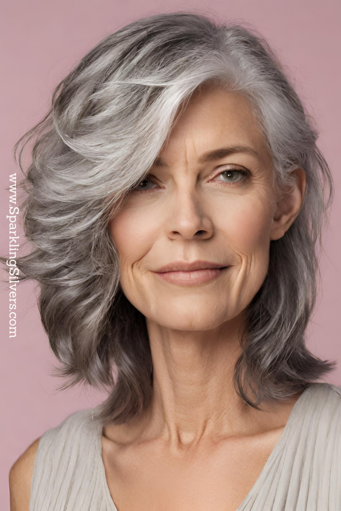 Image of a woman with shoulder length gray hair textured cut