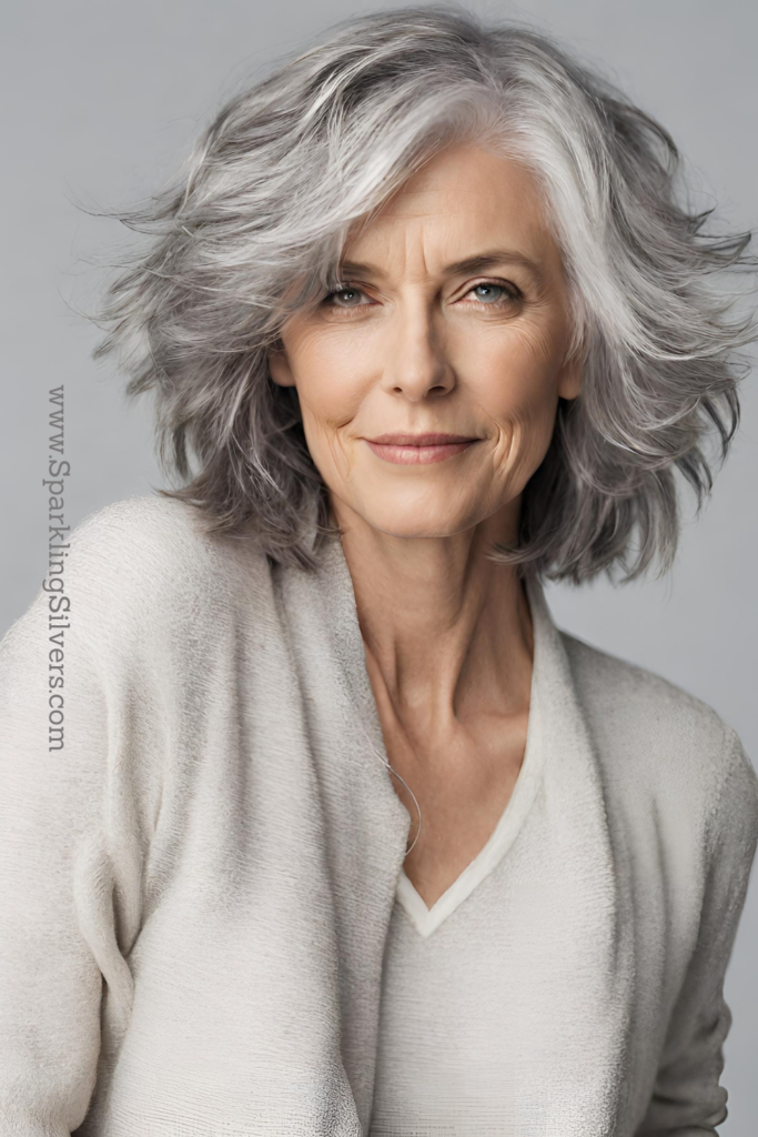 Image of a woman with shaggy medium length gray hair
