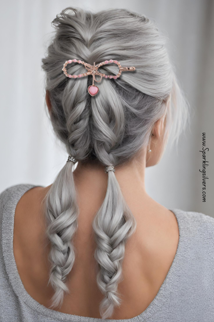 Braid grey hairstyle with a pink clip