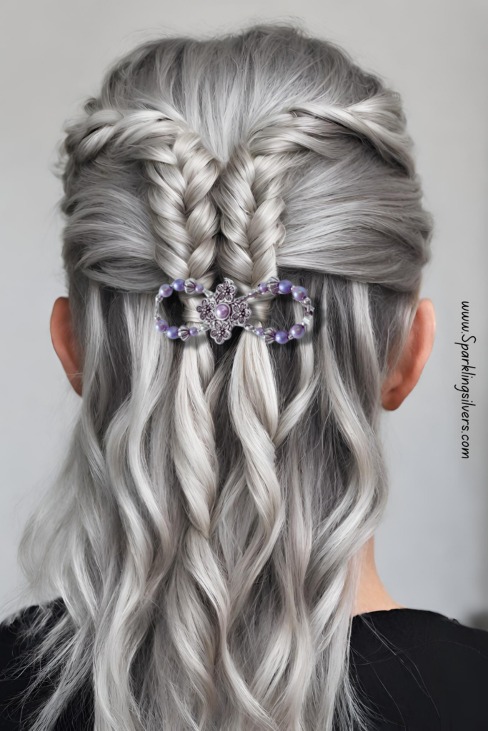 Braided gray hairstyle with a hair clip