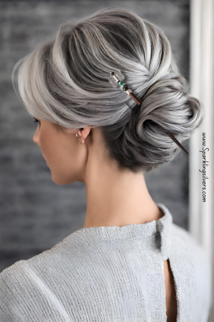 Gray hair bun with a stick