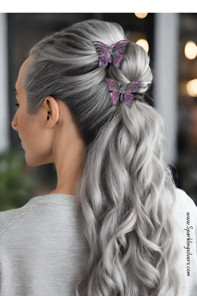 Grey hairstyle with butterfly hair pins
