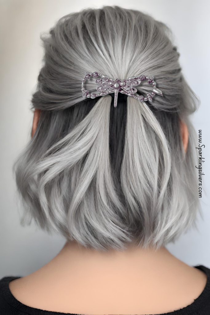 Short gray hairstyle with a pin