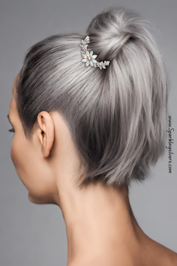 Grey hairstyle with a diamond pin
