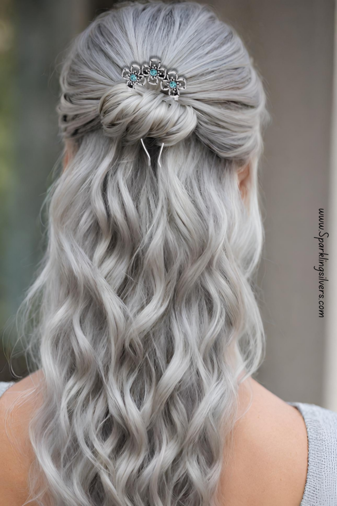 Long gray wavy hair with a hair pin
