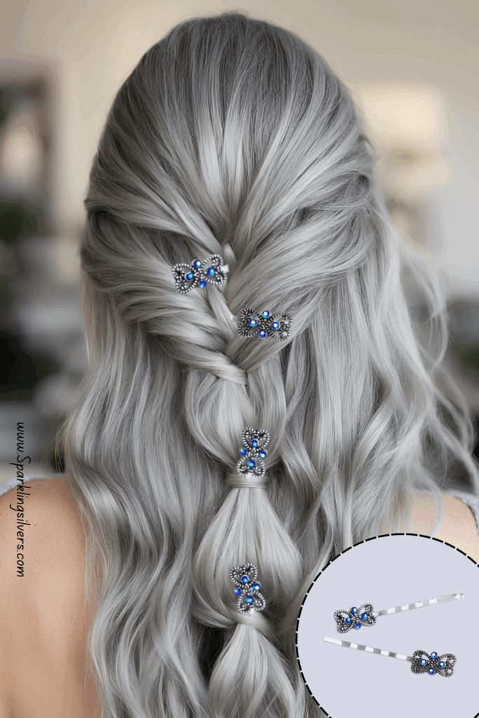 Long gray hairstyle with blue bobby pins