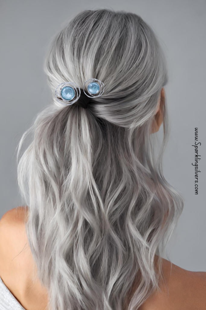Long gray hairstyle with blue hair pins