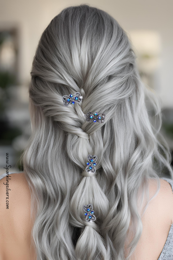 Long gray hairstyle with small bobby pins