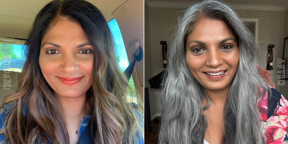 Dark skin and gray hair