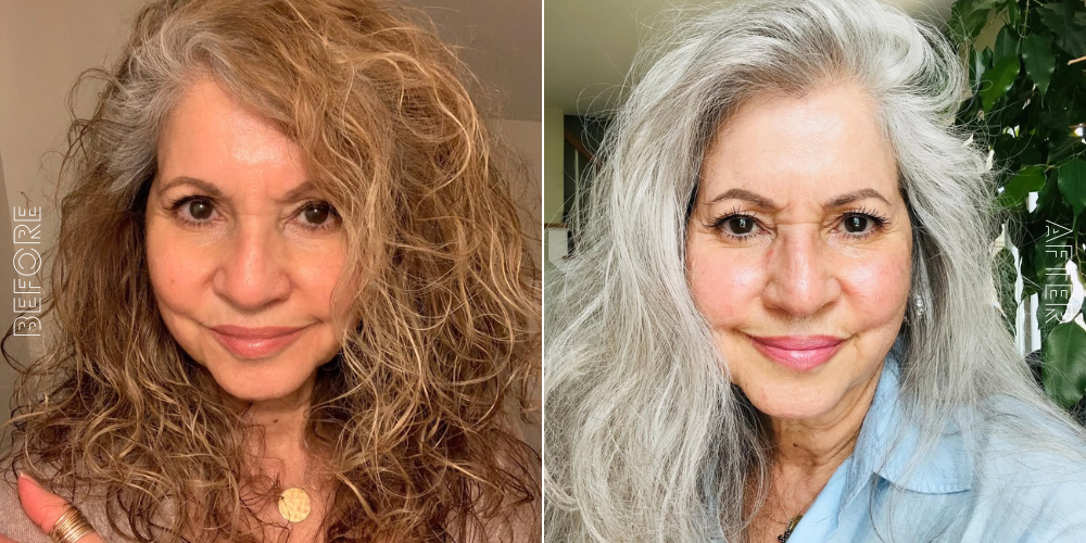 Before and after picture long gray hair