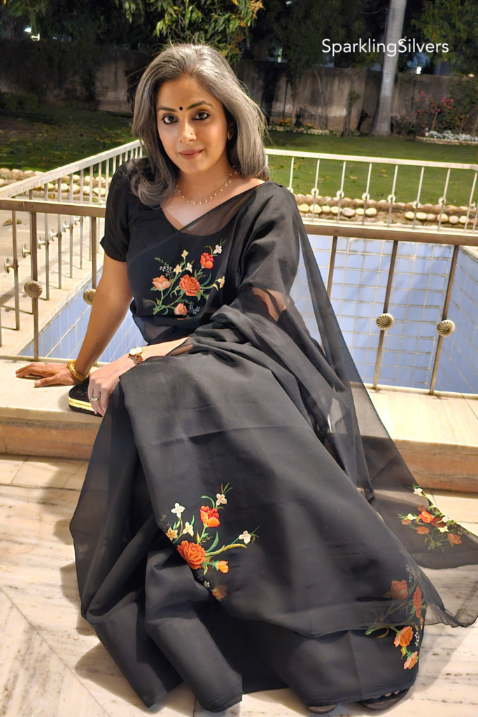 black saree and grey hair